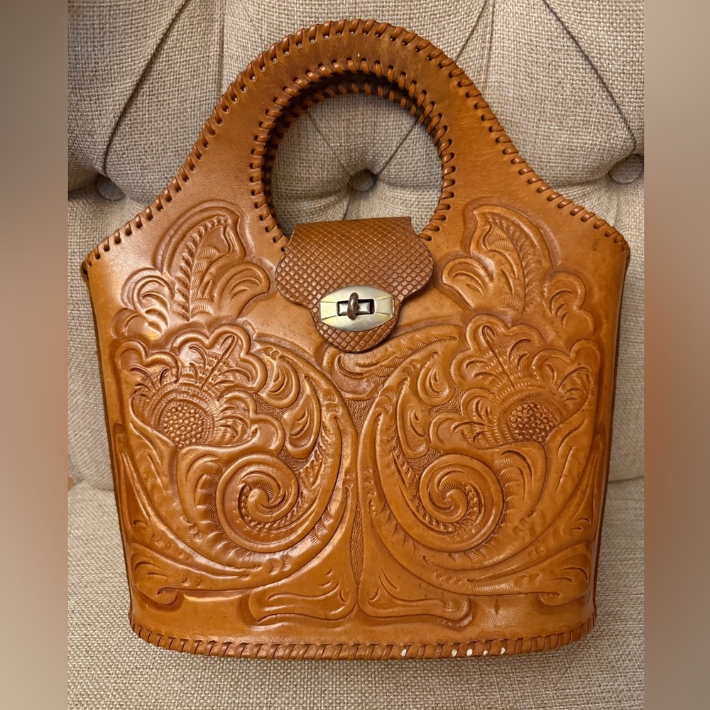 Hand Crafted Tan Hand-Tooled Leather Tote with Round Handle